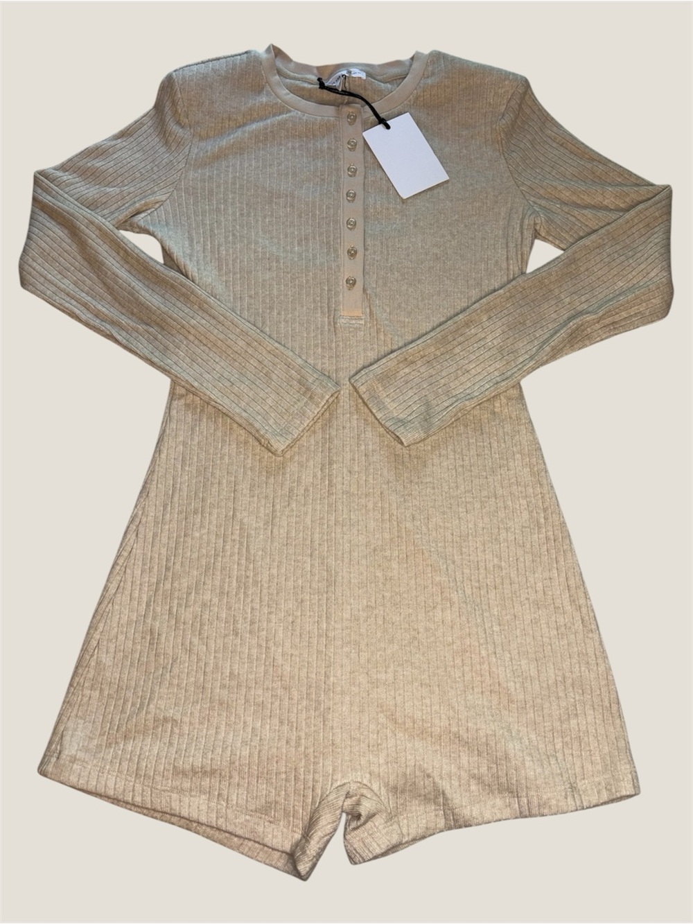Grey Lab Oatmeal Beige Ribbed Knit Long Sleeve Henley Romper